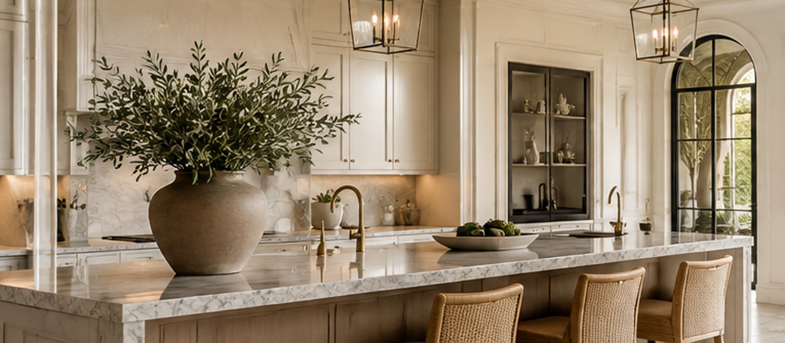 Elegant French contemporary kitchen with warm finishes
